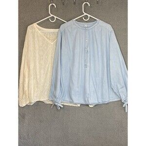 Lot of 2 Boho Peasant Top Relaxed Size XL Old Navy Blue Ivory Embroidered LS